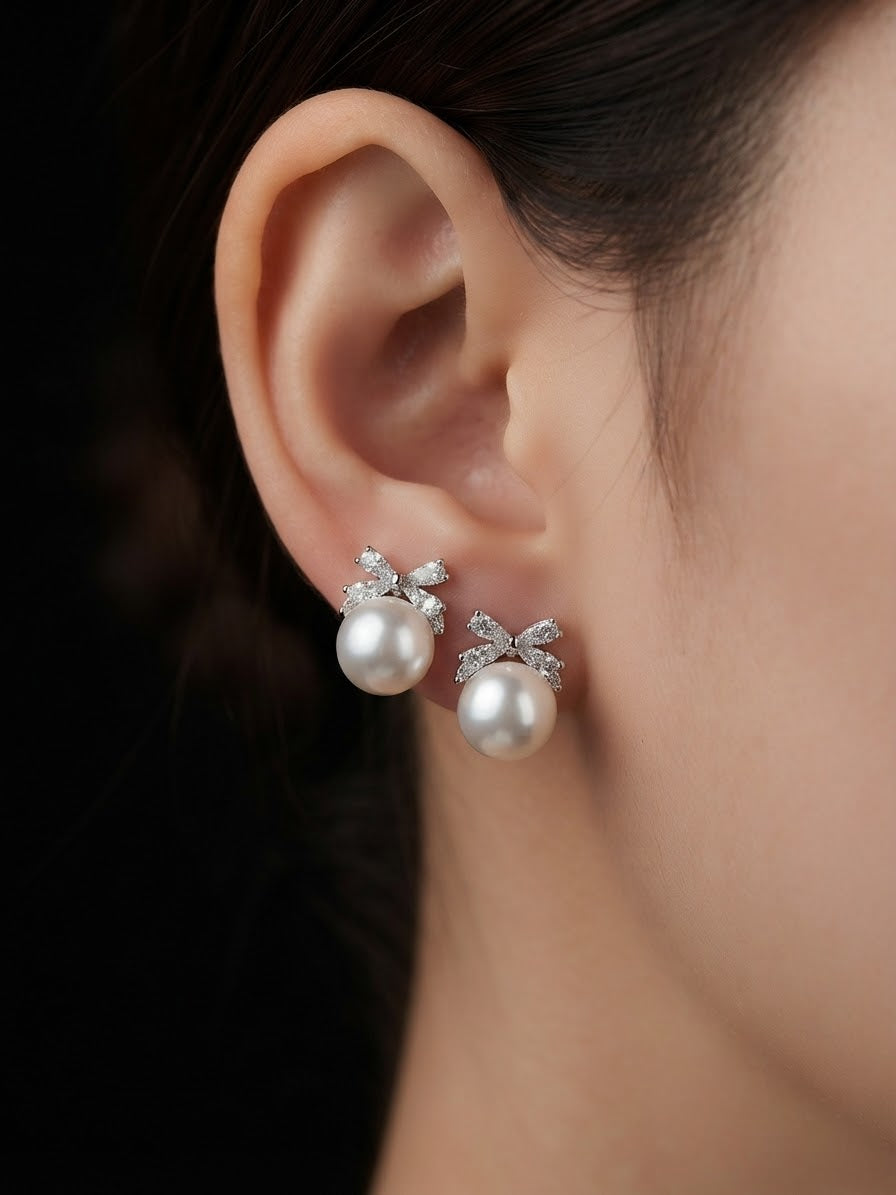 Pendientes de Plata de Ley con Circonitas y Perla