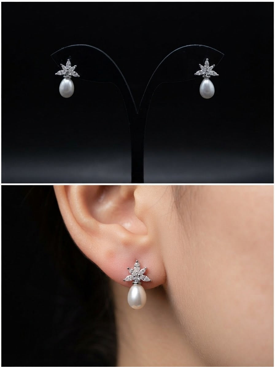 Pendientes de Plata de Ley con Circonitas y Perla